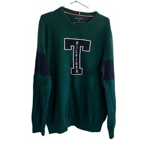 Tommy Hilfiger Green Classic Polo Preppy Rugby Striped Crew Neck Knit Sweater